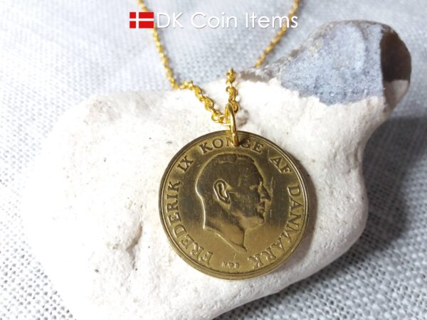 Denmark 1954 coin necklace. 70 year old Danish 2 kroner coin pendant. Golden Crown Coat of Arms coin.