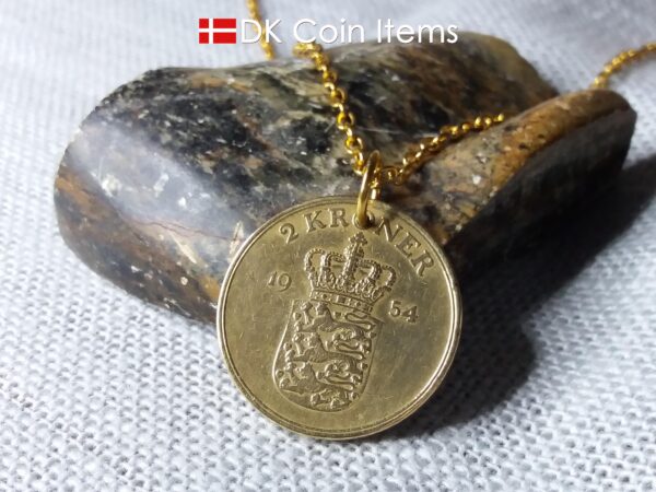 Denmark 1954 coin necklace. 70 year old Danish 2 kroner coin pendant. Golden Crown Coat of Arms coin.