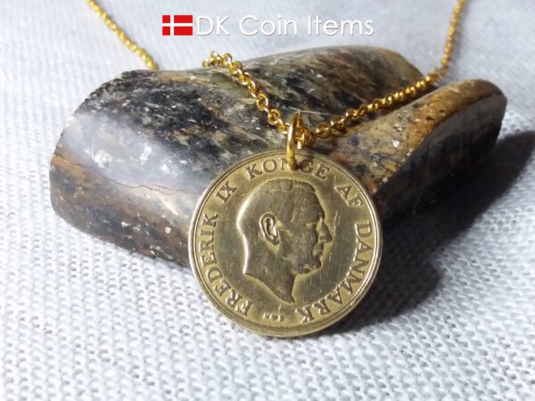 Denmark 1954 coin necklace. 70 year old Danish 2 kroner coin pendant. Golden Crown Coat of Arms coin.