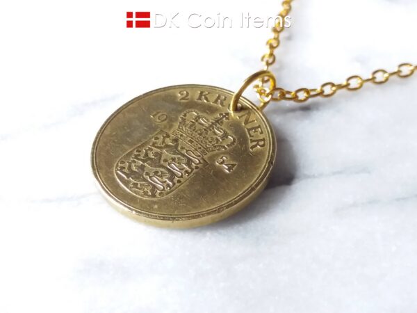 Denmark 1954 coin necklace. 70 year old Danish 2 kroner coin pendant. Golden Crown Coat of Arms coin.