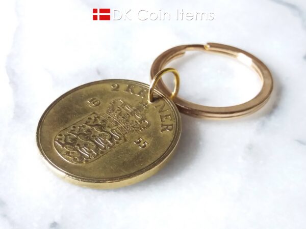 Denmark 1955 coin keychain. 69 year old Danish 2 kroner coin pendant. Golden Crown Coat of Arms coin.