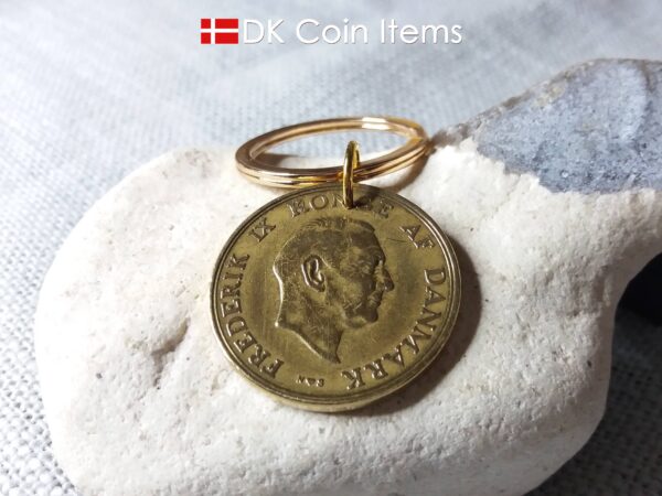 Denmark 1955 coin keychain. 69 year old Danish 2 kroner coin pendant. Golden Crown Coat of Arms coin.