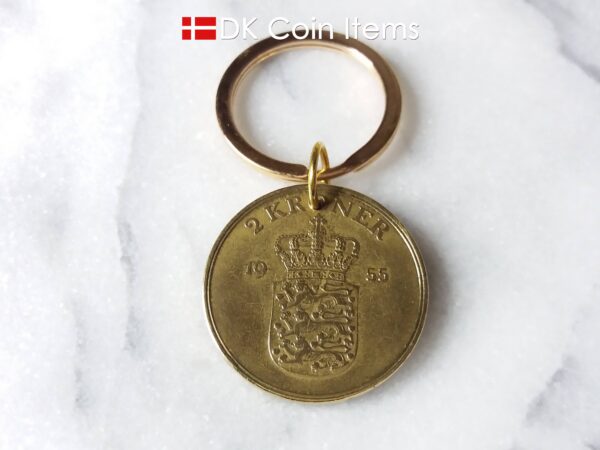 Denmark 1955 coin keychain. 69 year old Danish 2 kroner coin pendant. Golden Crown Coat of Arms coin.