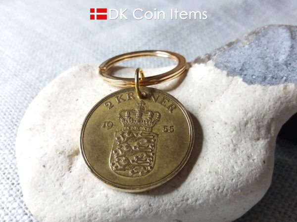 Denmark 1955 coin keychain. 69 year old Danish 2 kroner coin pendant. Golden Crown Coat of Arms coin.