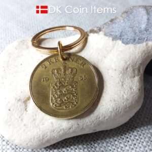 Denmark 1955 coin keychain. 69 year old Danish 2 kroner coin pendant. Golden Crown Coat of Arms coin.