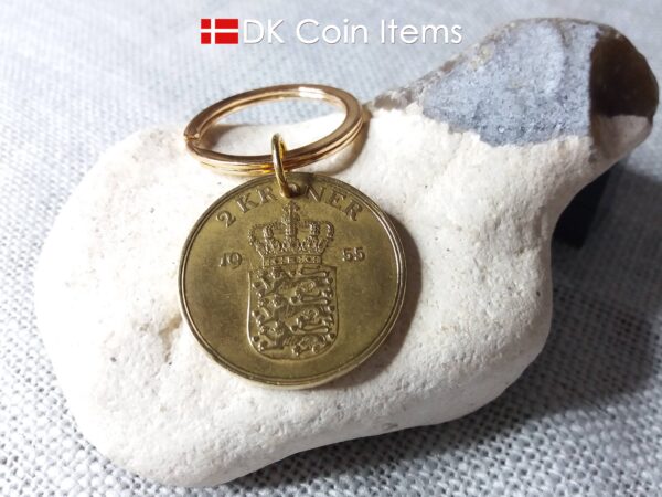 Denmark 1955 coin keychain. 69 year old Danish 2 kroner coin pendant. Golden Crown Coat of Arms coin.