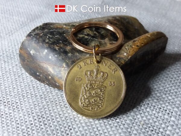 Denmark 1955 coin keychain. 69 year old Danish 2 kroner coin pendant. Golden Crown Coat of Arms coin.