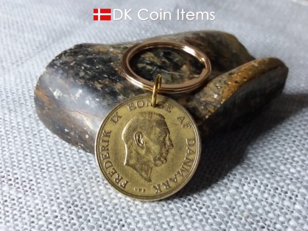 Denmark 1955 coin keychain. 69 year old Danish 2 kroner coin pendant. Golden Crown Coat of Arms coin.