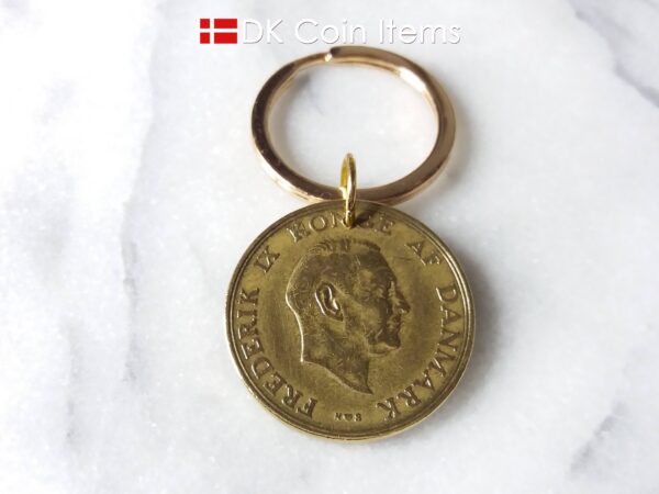 Denmark 1955 coin keychain. 69 year old Danish 2 kroner coin pendant. Golden Crown Coat of Arms coin.