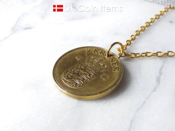 Denmark 1956 coin necklace. 68 year old Danish 2 kroner coin pendant. Golden Crown Coat of Arms coin.