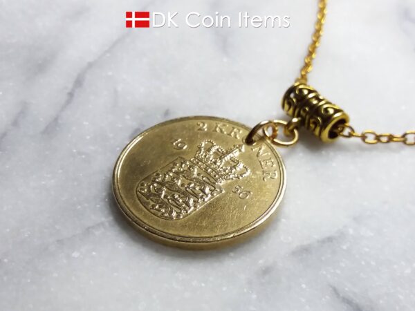 Denmark 1956 coin necklace. Golden 68 year old Danish 2 kroner coin pendant. Crown Coat of Arms coin.