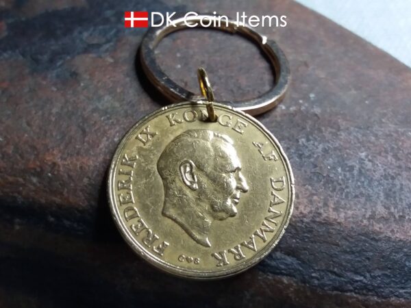 Denmark 1956 coin keychain. Golden 68 year old Danish 2 kroner as coin pendant with Crown Coat of Arms