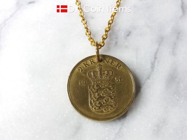 Denmark 1956 coin necklace. 68 year old Danish 2 kroner coin pendant. Golden Crown Coat of Arms coin.