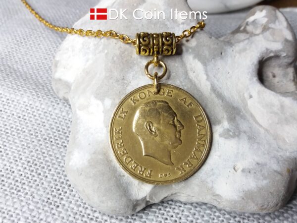 Denmark 1956 coin necklace. Golden 68 year old Danish 2 kroner coin pendant. Crown Coat of Arms coin.