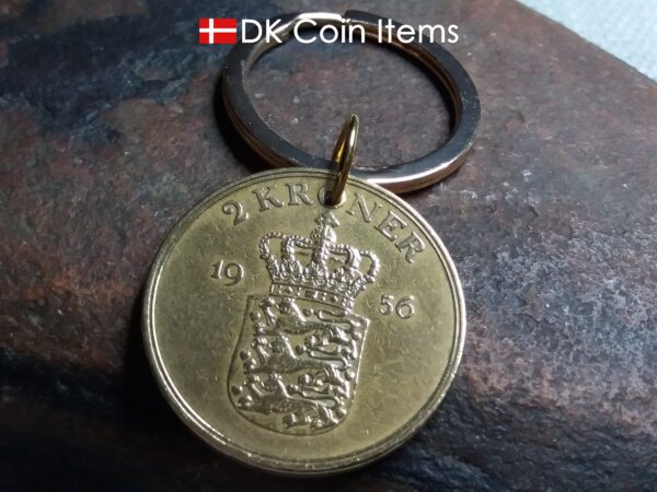 Denmark 1956 coin keychain. Golden 68 year old Danish 2 kroner as coin pendant with Crown Coat of Arms