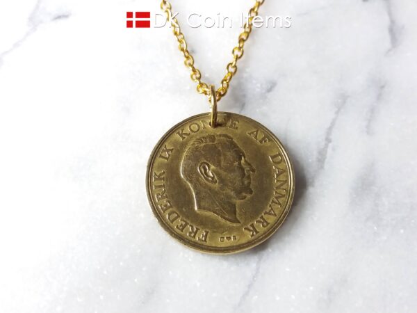 Denmark 1956 coin necklace. 68 year old Danish 2 kroner coin pendant. Golden Crown Coat of Arms coin.