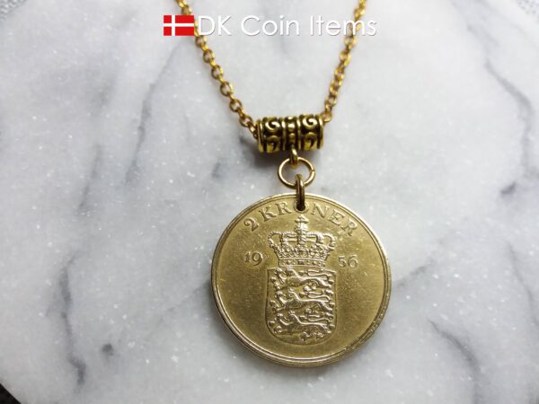 Denmark 1956 coin necklace. Golden 68 year old Danish 2 kroner coin pendant. Crown Coat of Arms coin.