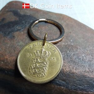 Denmark 1956 coin keychain. Golden 68 year old Danish 2 kroner as coin pendant with Crown Coat of Arms