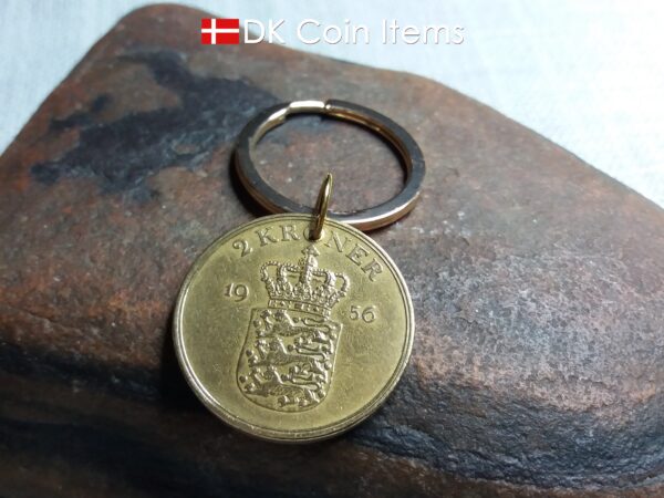 Denmark 1956 coin keychain. Golden 68 year old Danish 2 kroner as coin pendant with Crown Coat of Arms