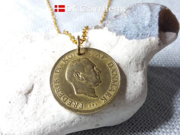 Denmark 1956 coin necklace. 68 year old Danish 2 kroner coin pendant. Golden Crown Coat of Arms coin.