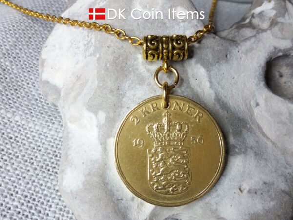 Denmark 1956 coin necklace. Golden 68 year old Danish 2 kroner coin pendant. Crown Coat of Arms coin.