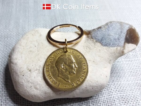 Denmark 1956 coin keychain. Golden 68 year old Danish 2 kroner as coin pendant with Crown Coat of Arms