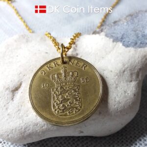 Denmark 1956 coin necklace. 68 year old Danish 2 kroner coin pendant. Golden Crown Coat of Arms coin.