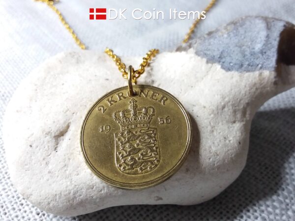 Denmark 1956 coin necklace. 68 year old Danish 2 kroner coin pendant. Golden Crown Coat of Arms coin.