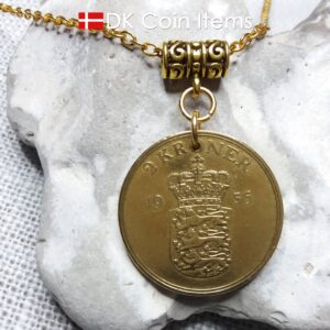 Denmark 1956 coin necklace. Golden 68 year old Danish 2 kroner coin pendant. Crown Coat of Arms coin.