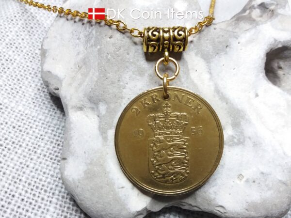 Denmark 1956 coin necklace. Golden 68 year old Danish 2 kroner coin pendant. Crown Coat of Arms coin.