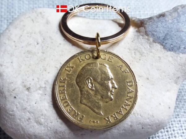 Denmark 1956 coin keychain. Golden 68 year old Danish 2 kroner as coin pendant with Crown Coat of Arms