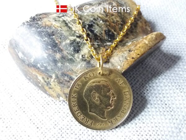 Denmark 1956 coin necklace. 68 year old Danish 2 kroner coin pendant. Golden Crown Coat of Arms coin.