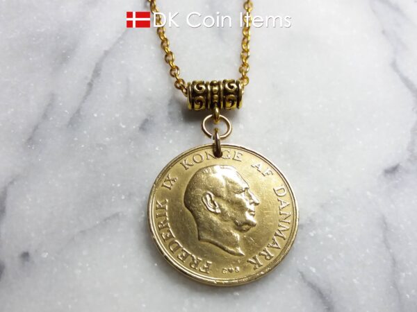 Denmark 1956 coin necklace. Golden 68 year old Danish 2 kroner coin pendant. Crown Coat of Arms coin.