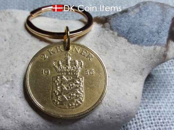 Denmark 1956 coin keychain. Golden 68 year old Danish 2 kroner as coin pendant with Crown Coat of Arms