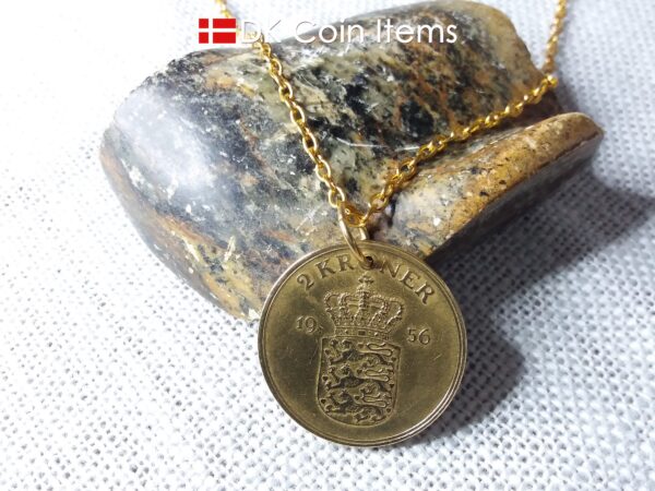 Denmark 1956 coin necklace. 68 year old Danish 2 kroner coin pendant. Golden Crown Coat of Arms coin.