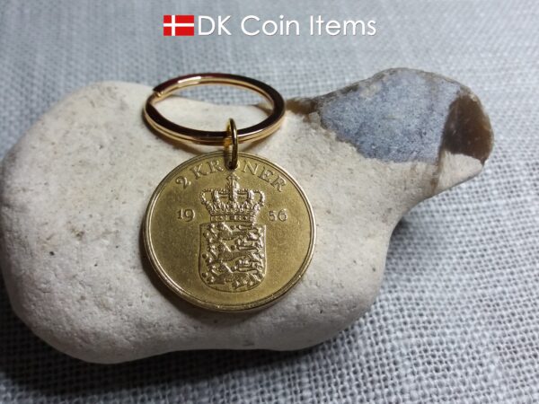 Denmark 1956 coin keychain. Golden 68 year old Danish 2 kroner as coin pendant with Crown Coat of Arms