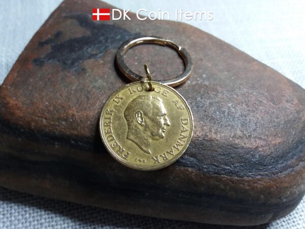 Denmark 1956 coin keychain. Golden 68 year old Danish 2 kroner as coin pendant with Crown Coat of Arms