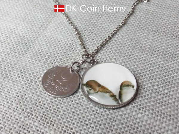 Denmark 1941 coin necklace. 83 year C initial 2 ore coin pendant + cabochon with house sparrows.