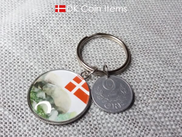 Denmark 1941 coin keychain. 83 year C initial 2 ore coin pendant + cabochon with Stone Age Dolmen picture.