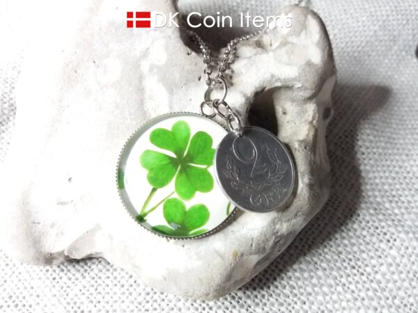 Denmark 2 ore coin pendant necklace + picture of Four-leaf Lucky Clover. Danish 1941 C initial coin.