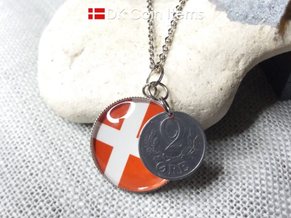 Denmark 1941 coin necklace. 83 year C initial 2 ore coin pendant + cabochon with a Danish flag.