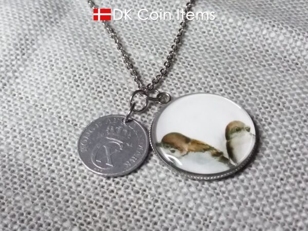 Denmark 1941 coin necklace. 83 year C initial 2 ore coin pendant + cabochon with house sparrows.