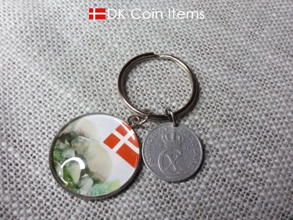 Denmark 1941 coin keychain. 83 year C initial 2 ore coin pendant + cabochon with Stone Age Dolmen picture.