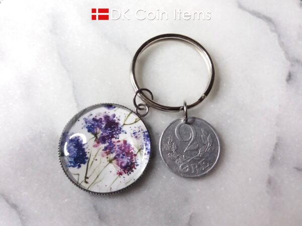 Denmark coin keychain. 2 ore C initial 1941 coin + cabochon with Wild Purple Blossoms picture.