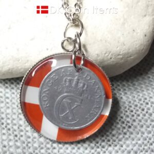 Denmark 1941 coin necklace. 83 year C initial 2 ore coin pendant + cabochon with a Danish flag.