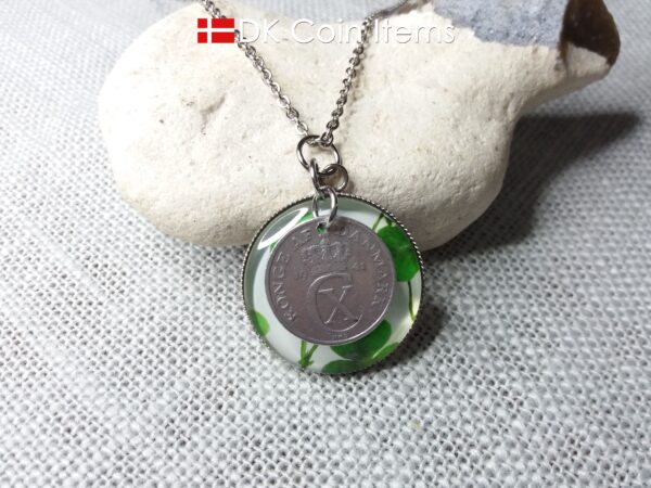 Denmark 2 ore coin pendant necklace + picture of Four-leaf Lucky Clover. Danish 1941 C initial coin.