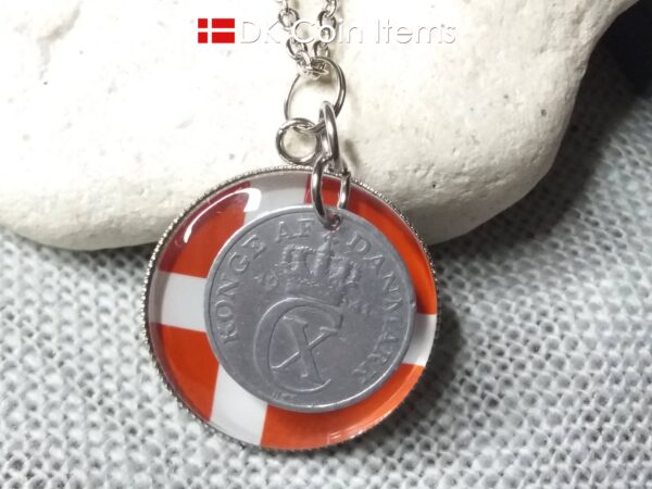 Denmark 1941 coin necklace. 83 year C initial 2 ore coin pendant + cabochon with a Danish flag.