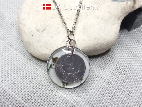 Denmark 1941 coin necklace. 83 year C initial 2 ore coin pendant + cabochon with house sparrows.