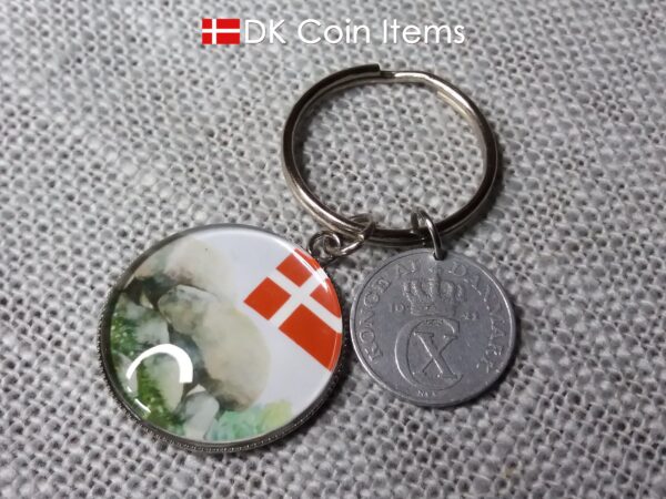 Denmark 1941 coin keychain. 83 year C initial 2 ore coin pendant + cabochon with Stone Age Dolmen picture.