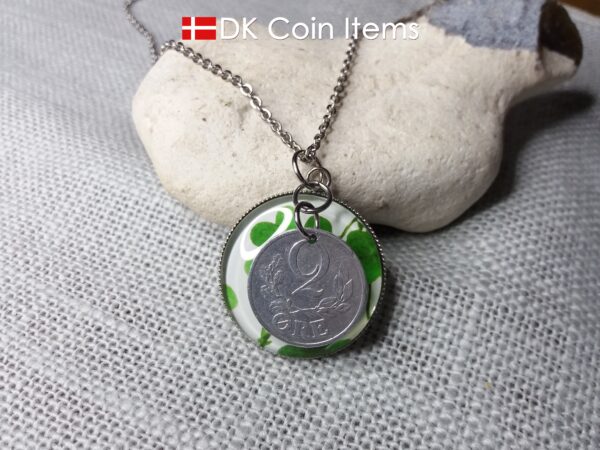 Denmark 2 ore coin pendant necklace + picture of Four-leaf Lucky Clover. Danish 1941 C initial coin.